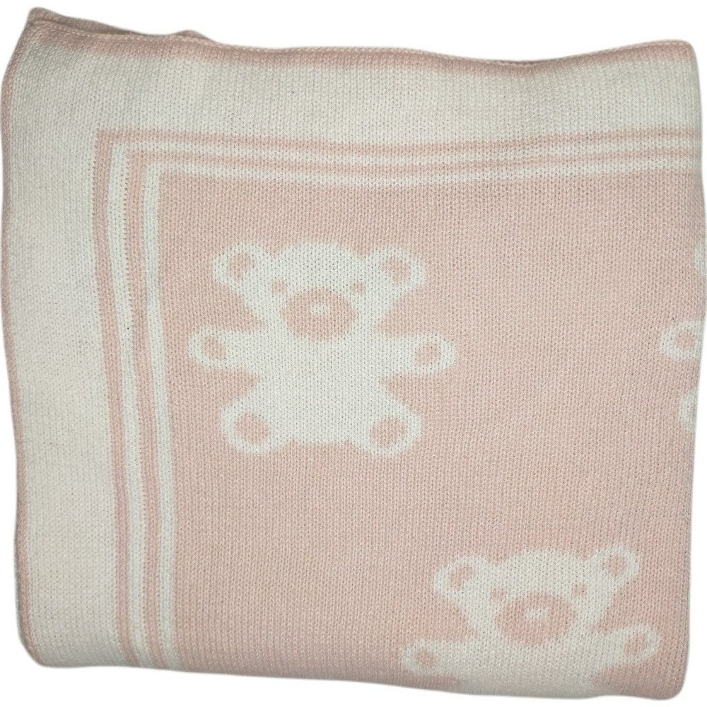 Lollypop Baby Girl Pink White BEAR Knit Cotton Blanket 30x40 EUC